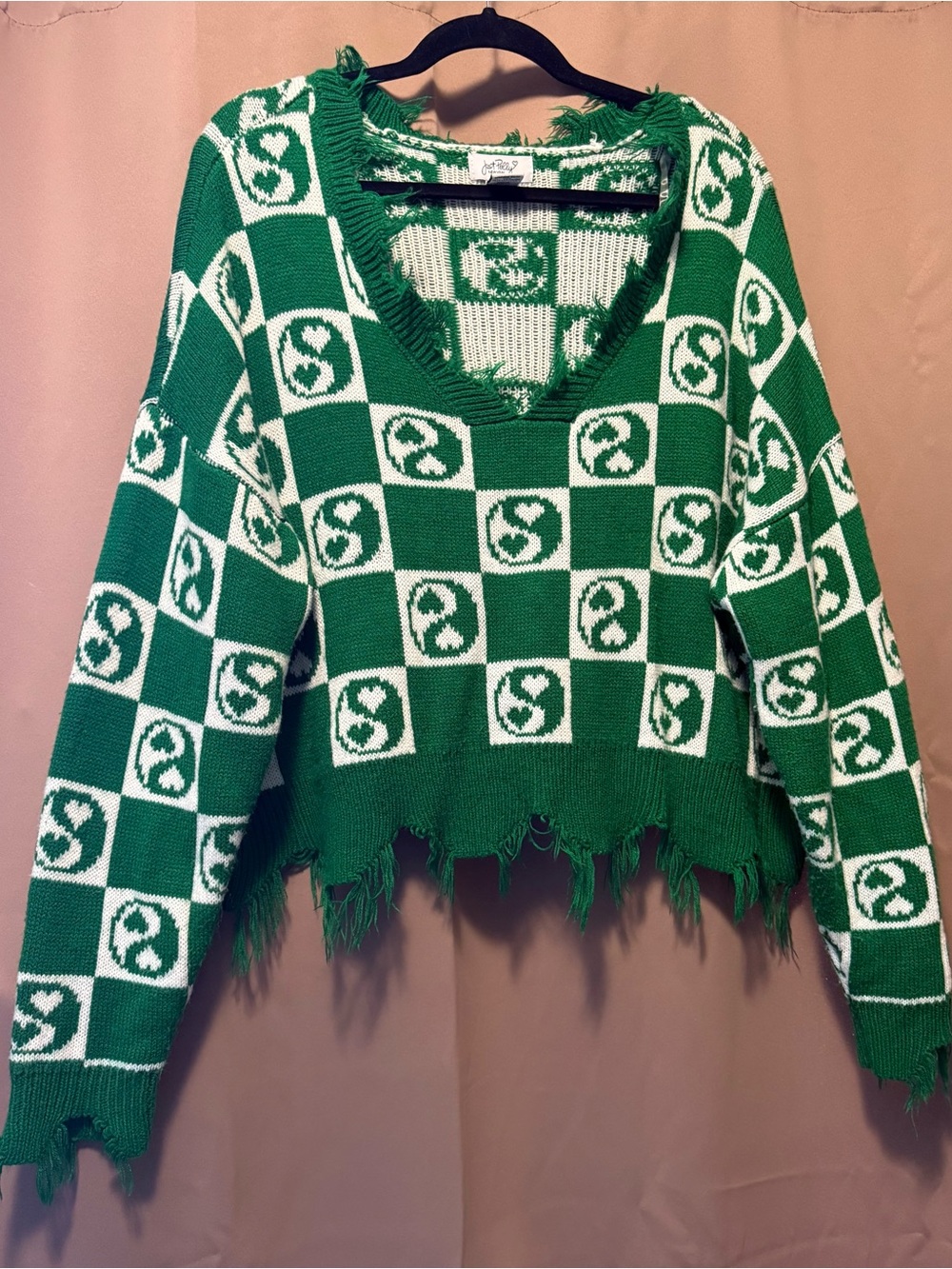Just Polly New York Green Checkerboard Yin Yang Sweater 2X Cropped Distressed